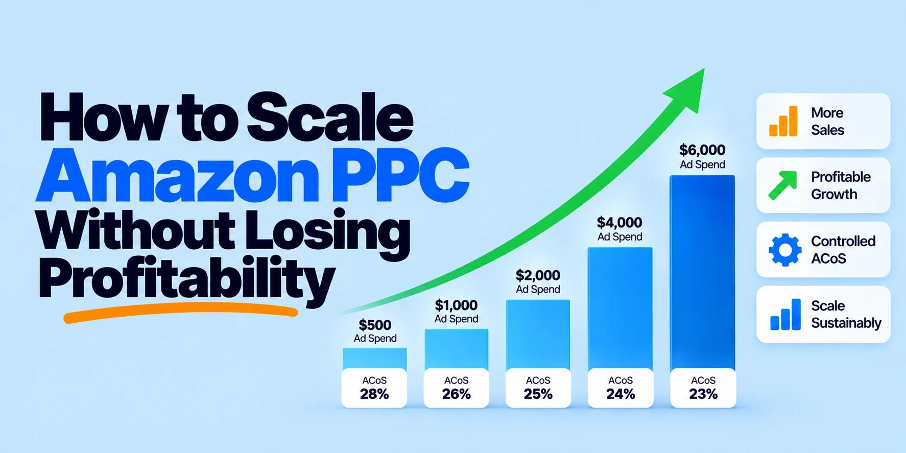 Infographic showing how to scale Amazon PPC from $500 to $6,000 in ad spend while maintaining controlled ACoS and profitable growth.