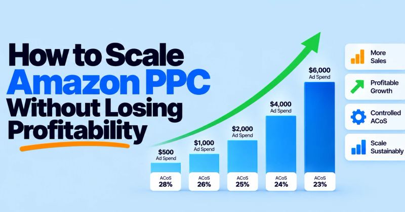 Infographic showing how to scale Amazon PPC from $500 to $6,000 in ad spend while maintaining controlled ACoS and profitable growth.