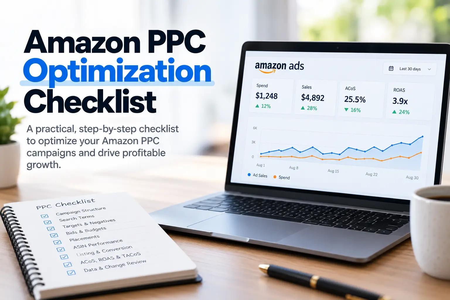 Amazon PPC optimization checklist showing campaign structure, search terms, bids, budgets, placements, and PPC performance
