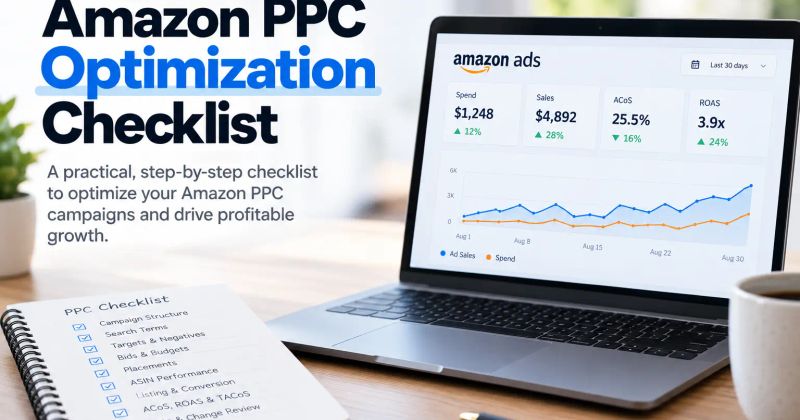 Amazon PPC optimization checklist showing campaign structure, search terms, bids, budgets, placements, and PPC performance