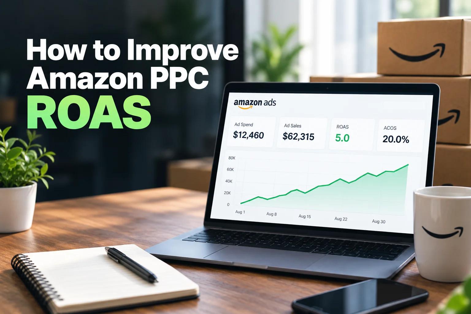 Amazon PPC ROAS optimization dashboard showing advertising spend, sales, and ROAS performance