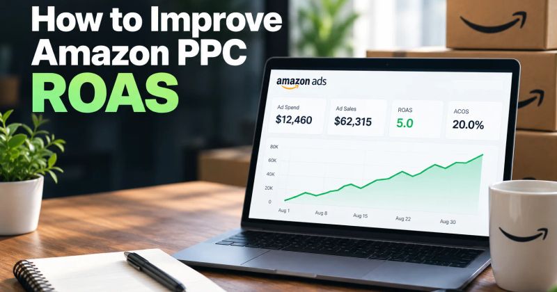 Amazon PPC ROAS optimization dashboard showing advertising spend, sales, and ROAS performance