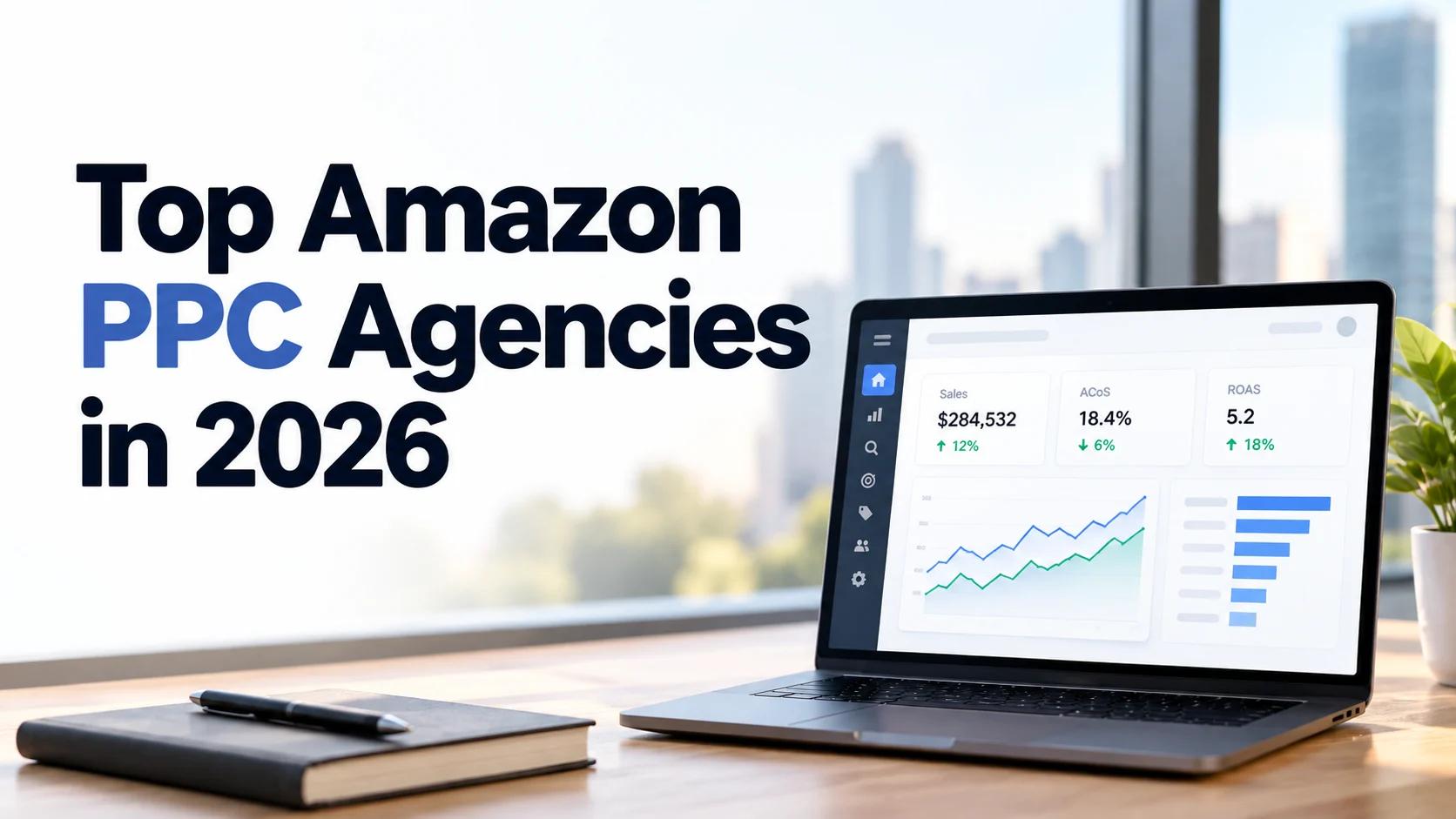 Top Amazon PPC agencies in 2026 with a laptop displaying an advertising performance dashboard.