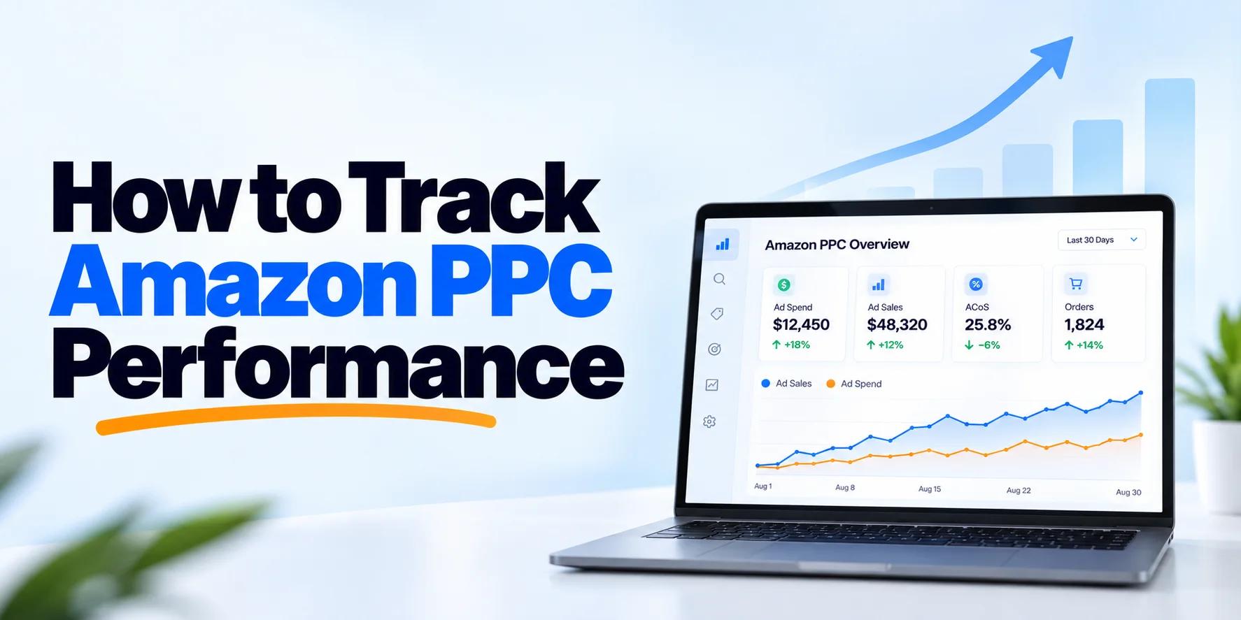 How to track Amazon PPC performance with a clean SaaS analytics dashboard showing ad spend, ad sales, ACoS, orders, and performance trends on a laptop.