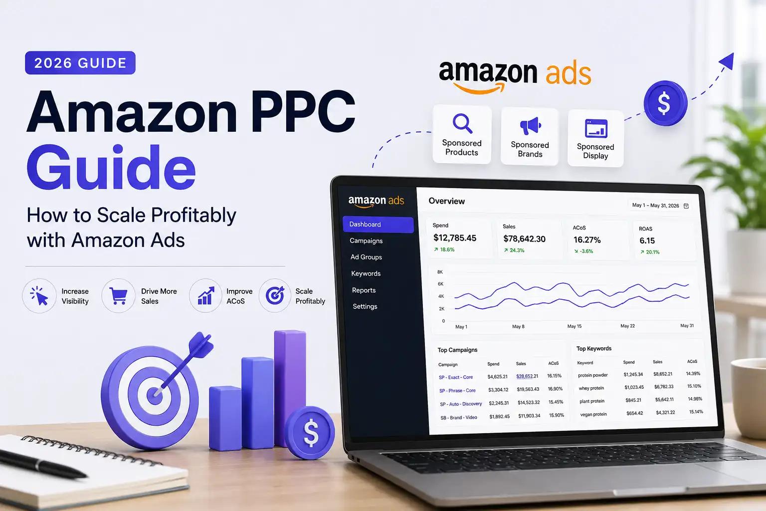 Modern workspace with a laptop displaying an Amazon advertising analytics dashboard, illustrating campaign performance, ACoS, ROAS, and PPC optimization.