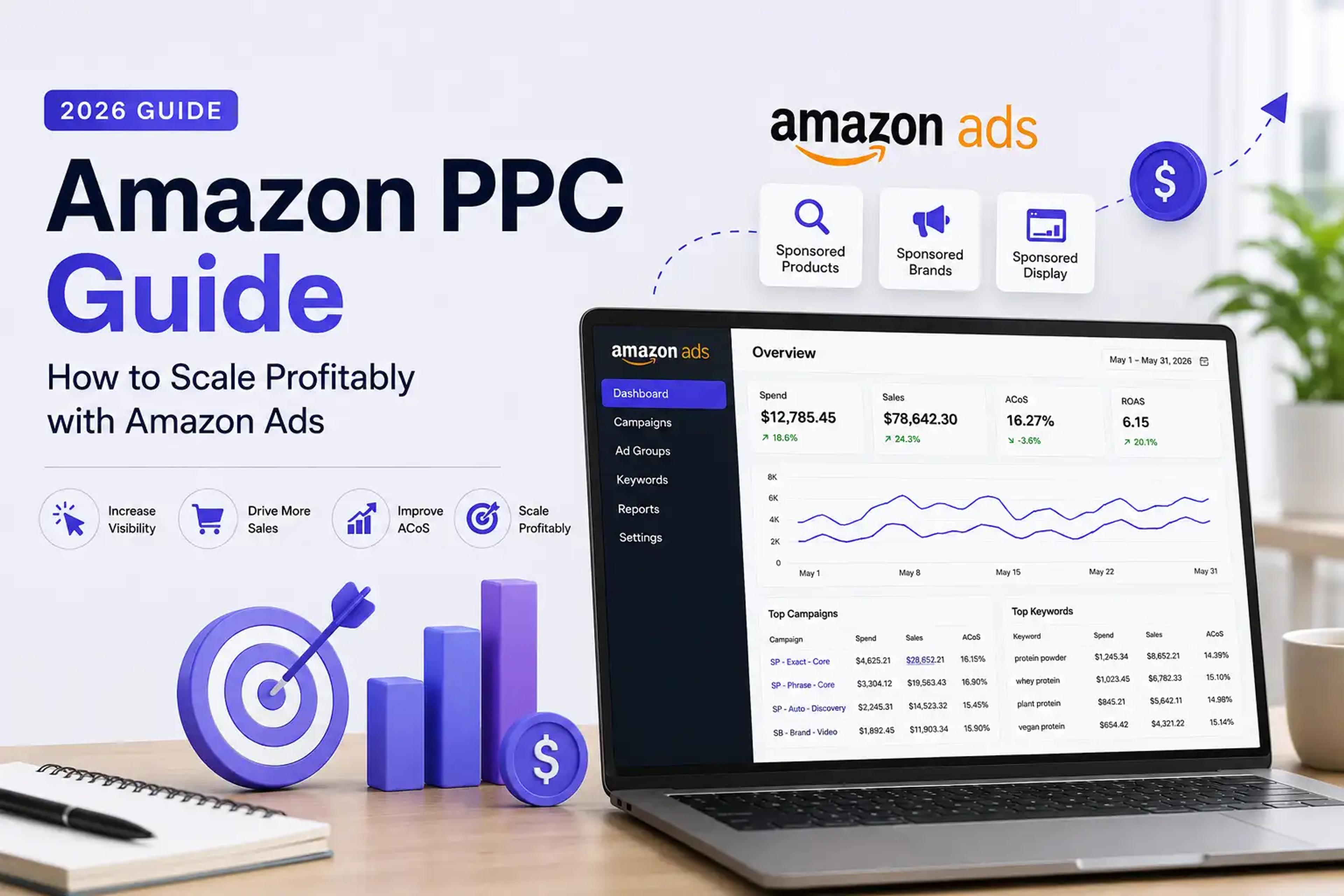 Modern workspace with a laptop displaying an Amazon advertising analytics dashboard, illustrating campaign performance, ACoS, ROAS, and PPC optimization.