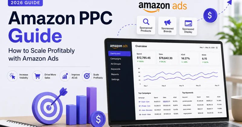 Modern workspace with a laptop displaying an Amazon advertising analytics dashboard, illustrating campaign performance, ACoS, ROAS, and PPC optimization.