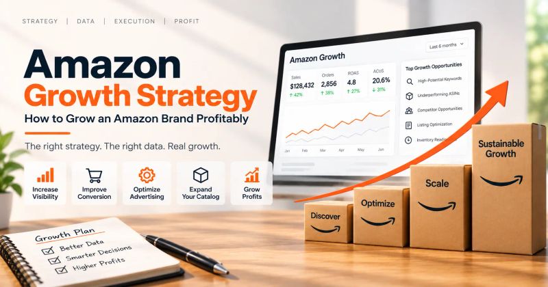 Amazon growth strategy dashboard showing sales, advertising performance, product growth, and profitability