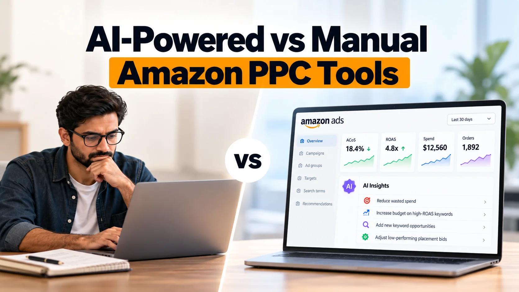 AI-powered vs manual Amazon PPC tools comparison showing automated intelligence alongside manual advertising controls.