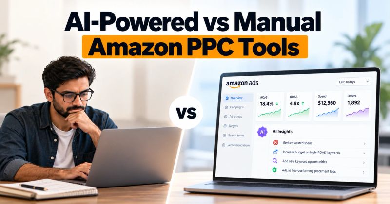 AI-powered vs manual Amazon PPC tools comparison showing automated intelligence alongside manual advertising controls.