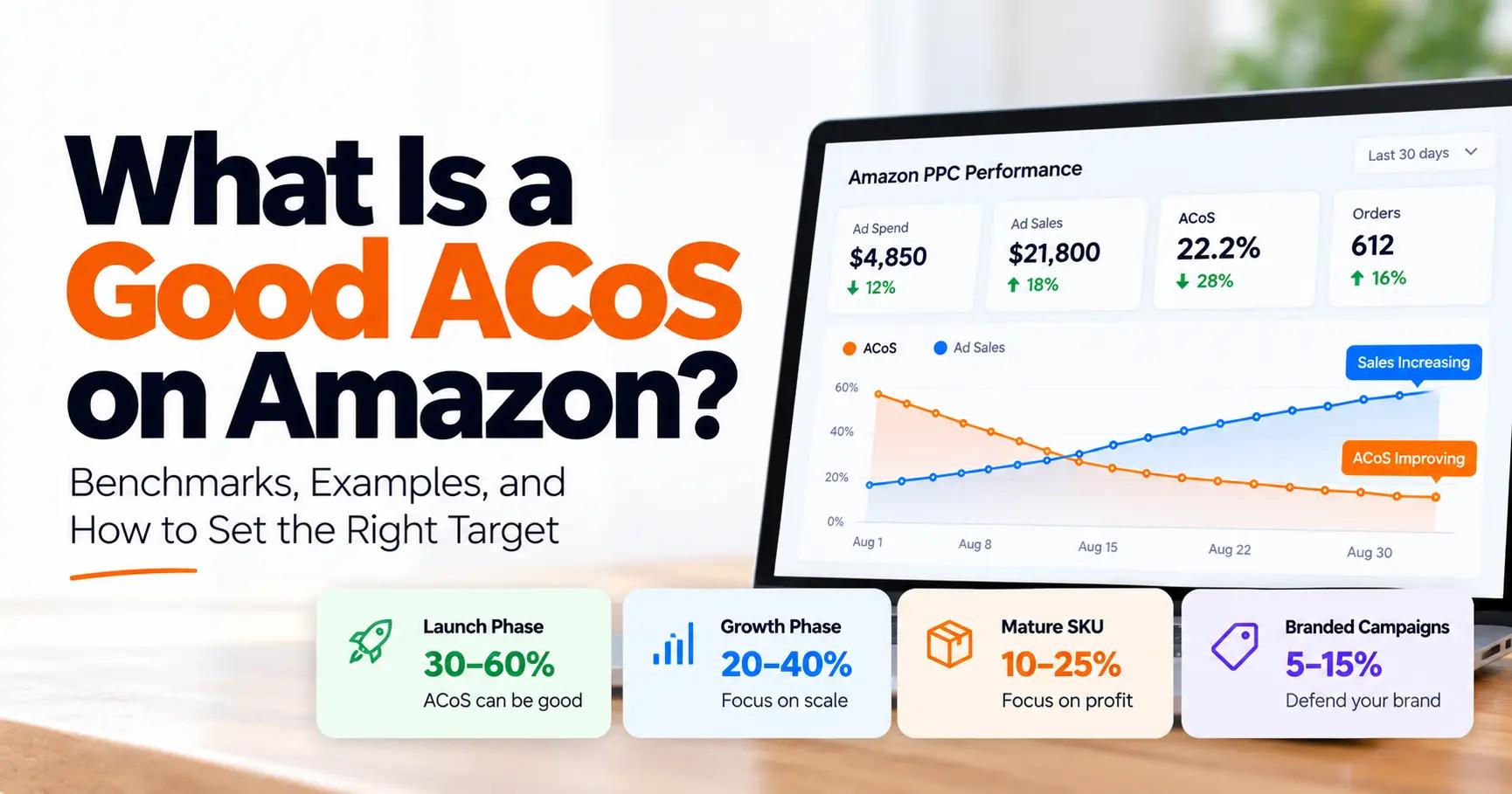 Amazon PPC ACoS dashboard showing how to evaluate a good ACoS based on profit, sales, and campaign goals