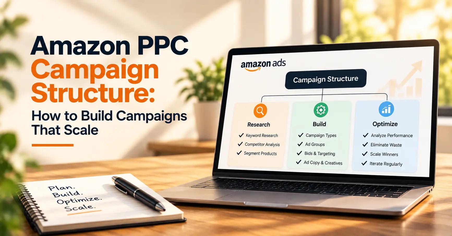 Amazon PPC campaign structure showing research, campaign building, and optimization