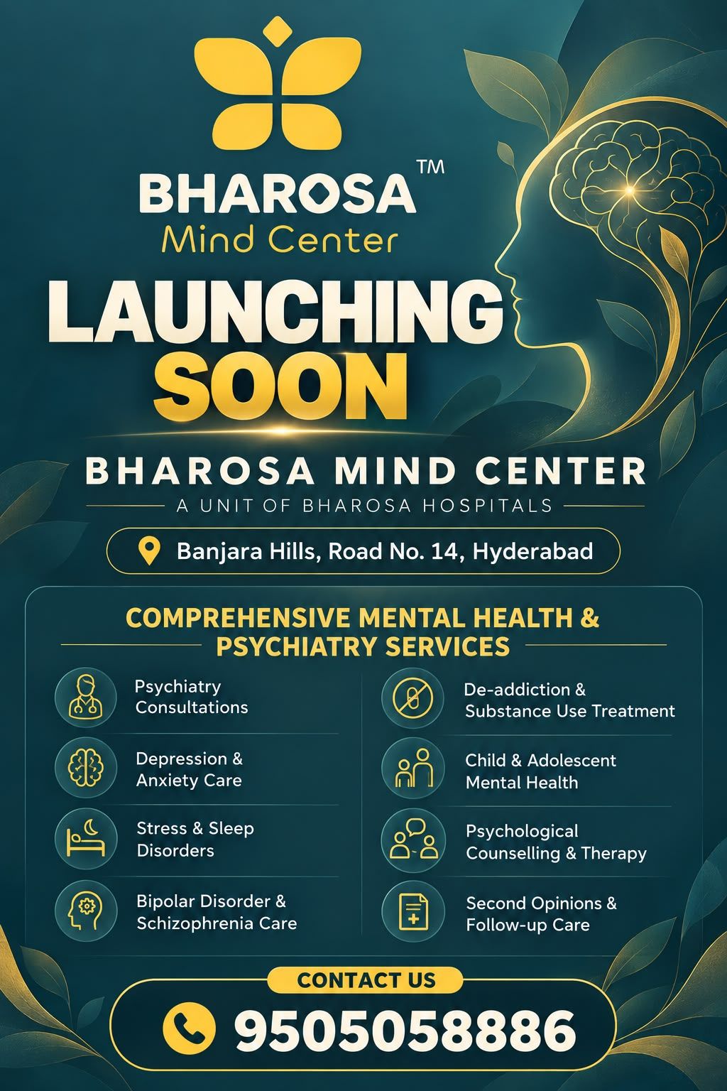 Bharosa Mind Center launching soon at Banjara Hills, Road No. 14, Hyderabad — poster