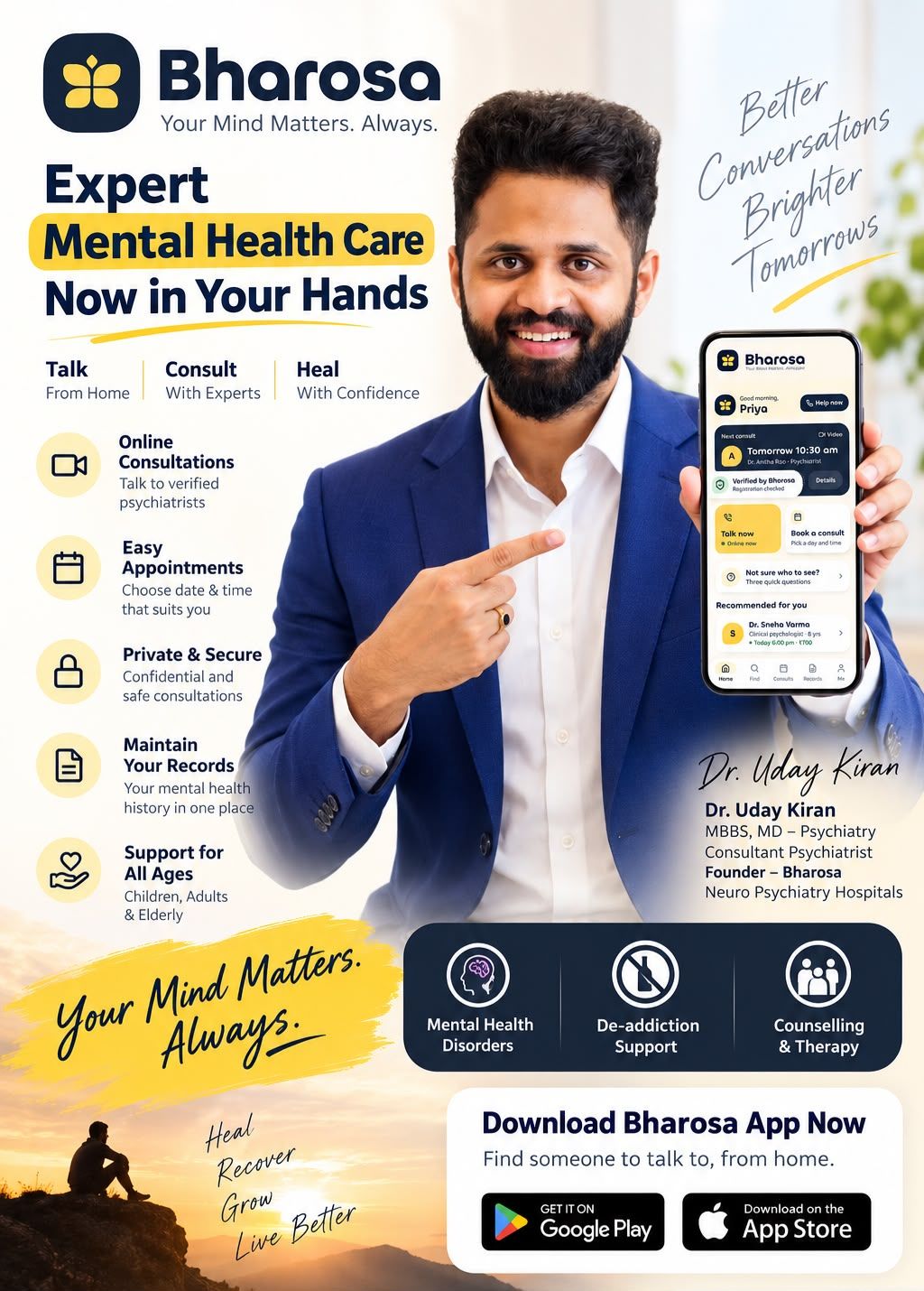 Dr. Uday Kiran presenting the Bharosa App — expert mental health care now in your hands — poster