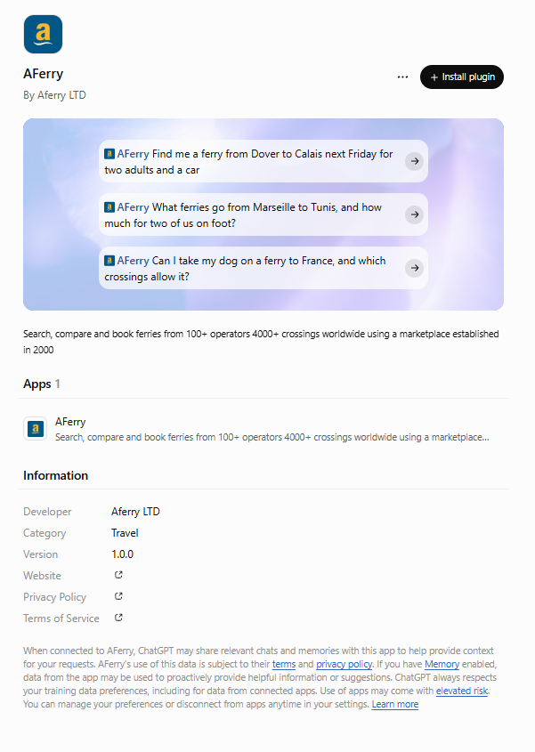 AFerry plugin page in ChatGPT showing the Install plugin button