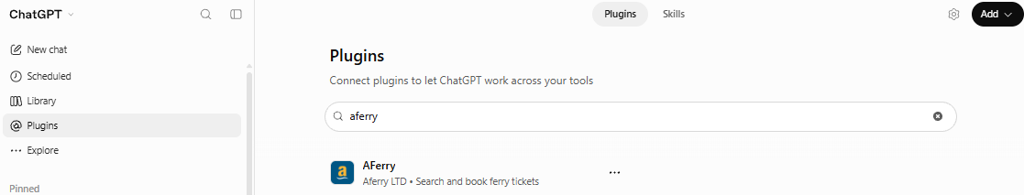 Find AFerry in the ChatGPT Plugins directory