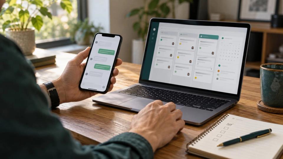 Una persona revisa una conversación en el móvil junto a un portátil con un tablero de seguimiento y un cuaderno de tareas