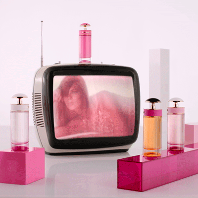 Animated sequence with jumping perfumes and TV screen, designed for Prada's Gloss fragrance commercial