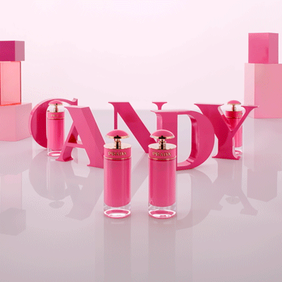 3D animated logo and perfume bottles for Gloss Candy fragrance advertising for Prada