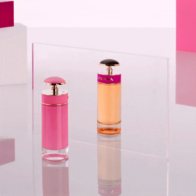 Animated transition showing sliding Gloss perfume bottles by Prada