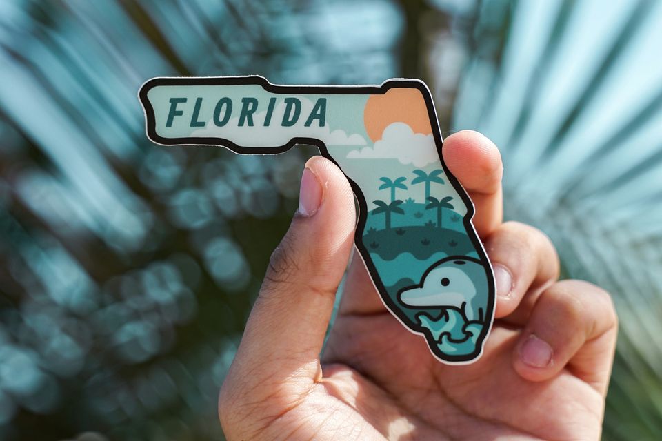 A hand holding up a graphic of Florida underneath a palm tree.