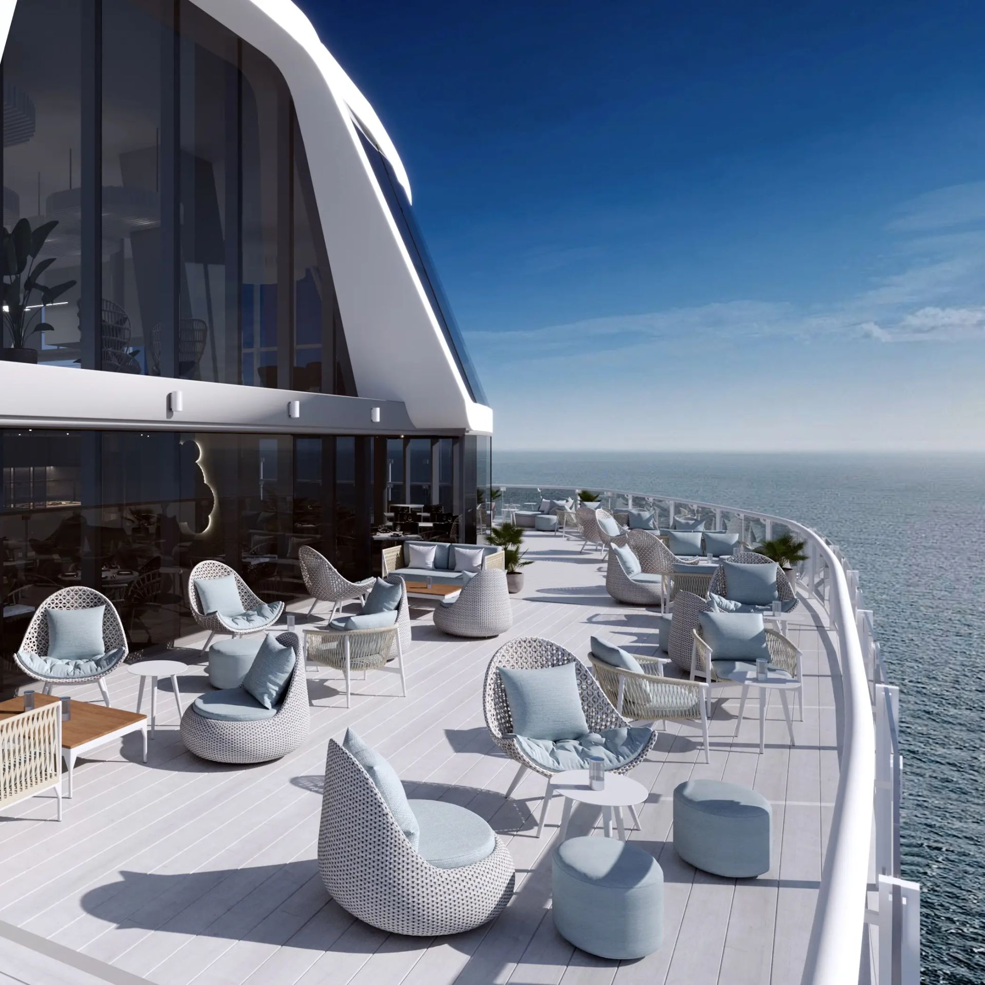 Marine-grade outdoor furniture on cruise ship
