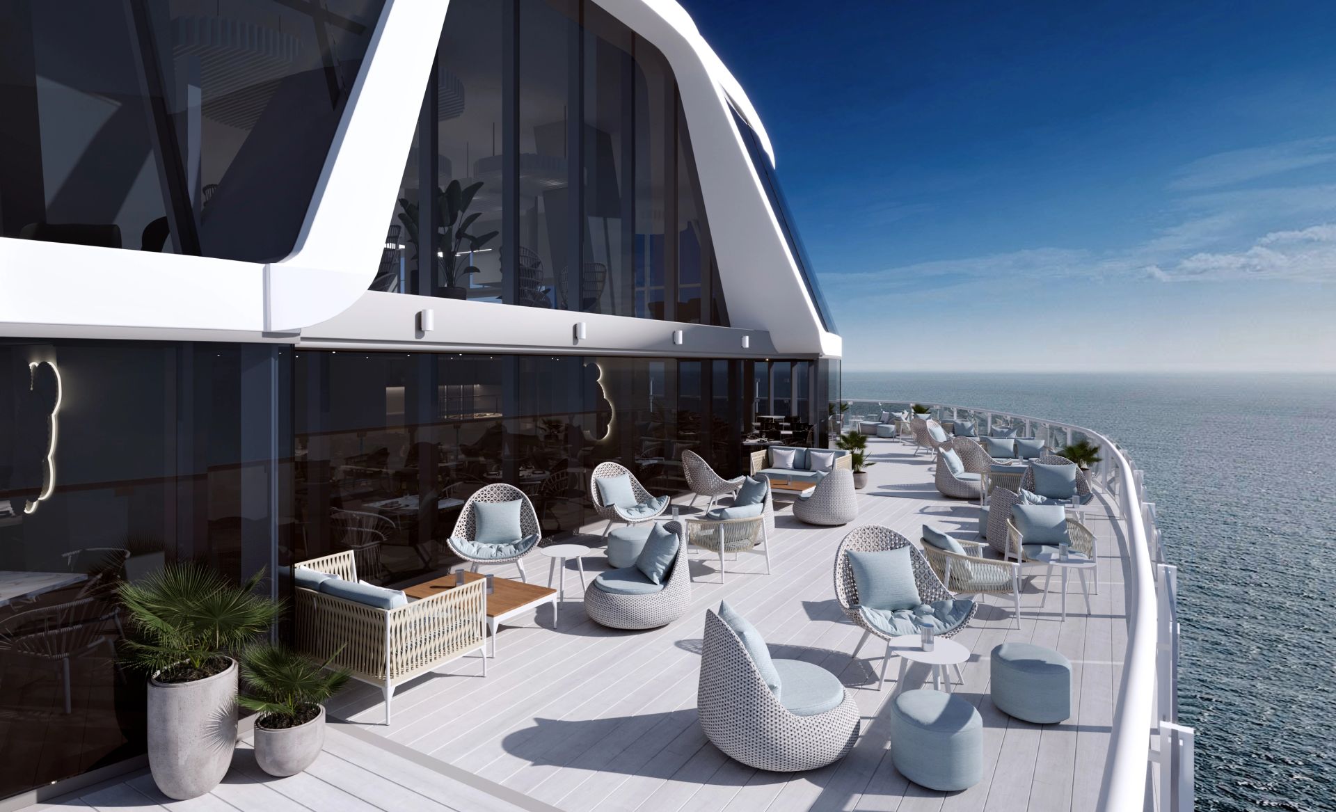 Marine-grade outdoor furniture on cruise ship