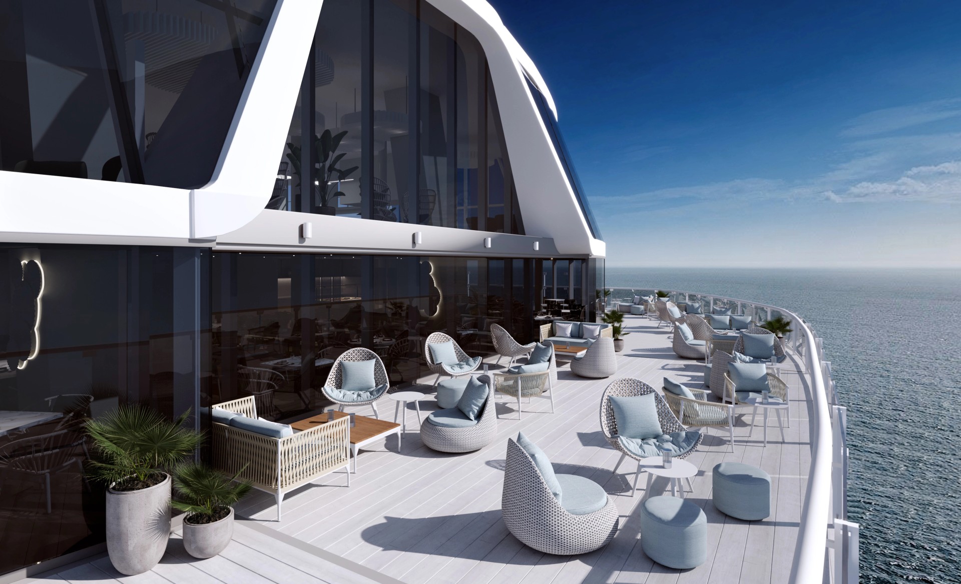 Marine-grade outdoor furniture on cruise ship