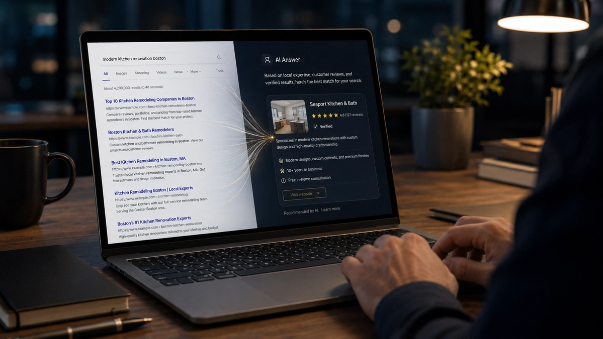 AI-generated answer card highlighting one business as the recommended source, with traditional search results fading behind