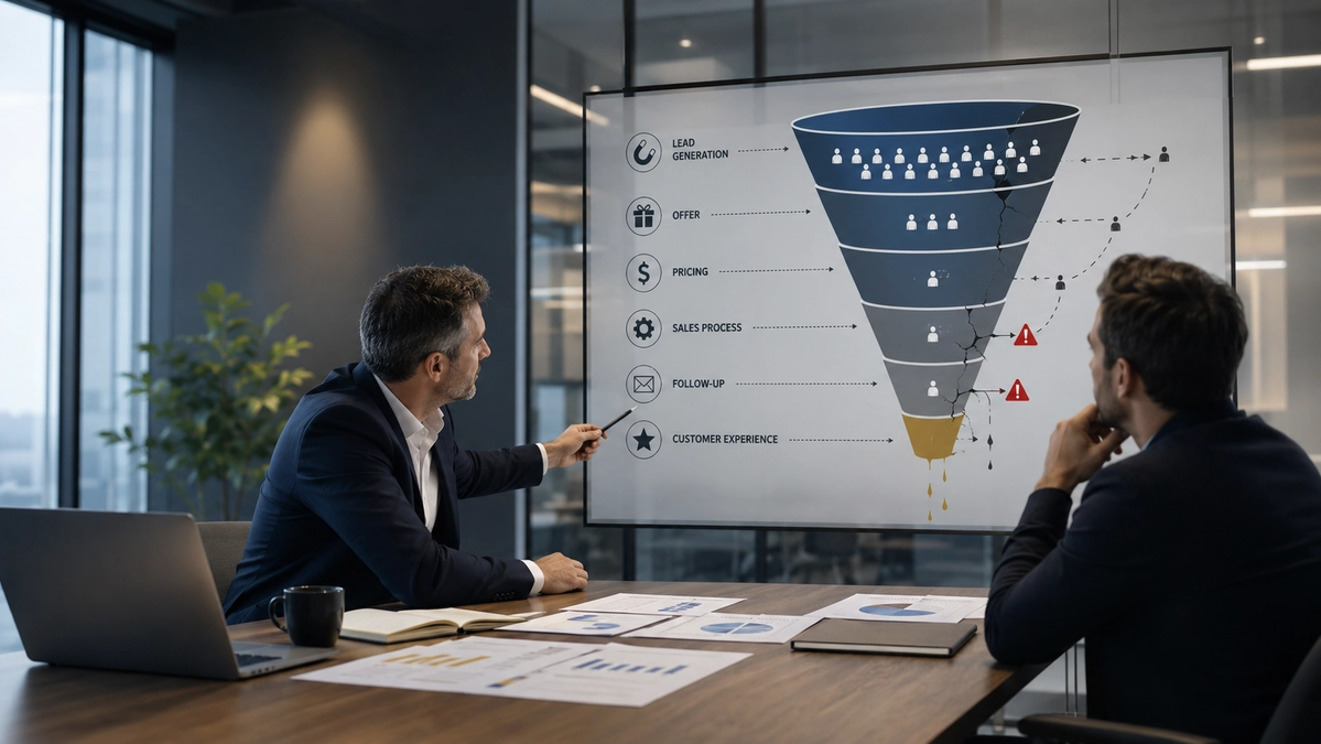Business consulting concept showing where sales funnels leak leads