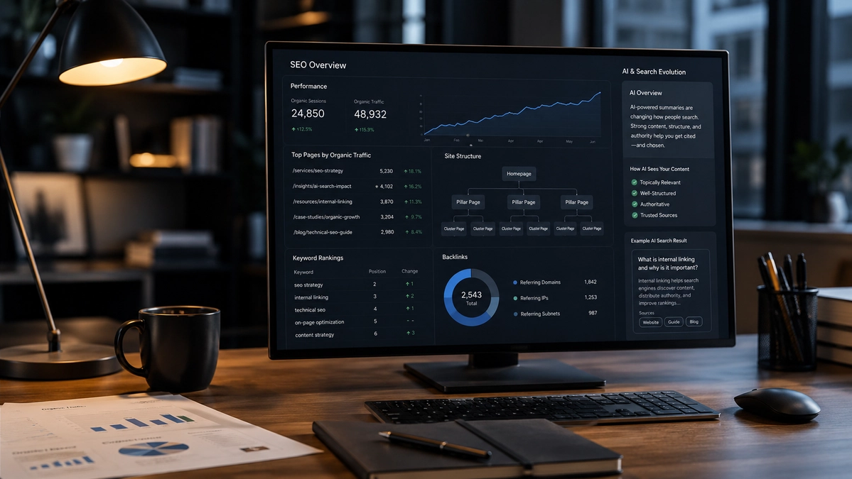 SEO concept showing search visibility across classic results, local, rich results, and AI-generated answers