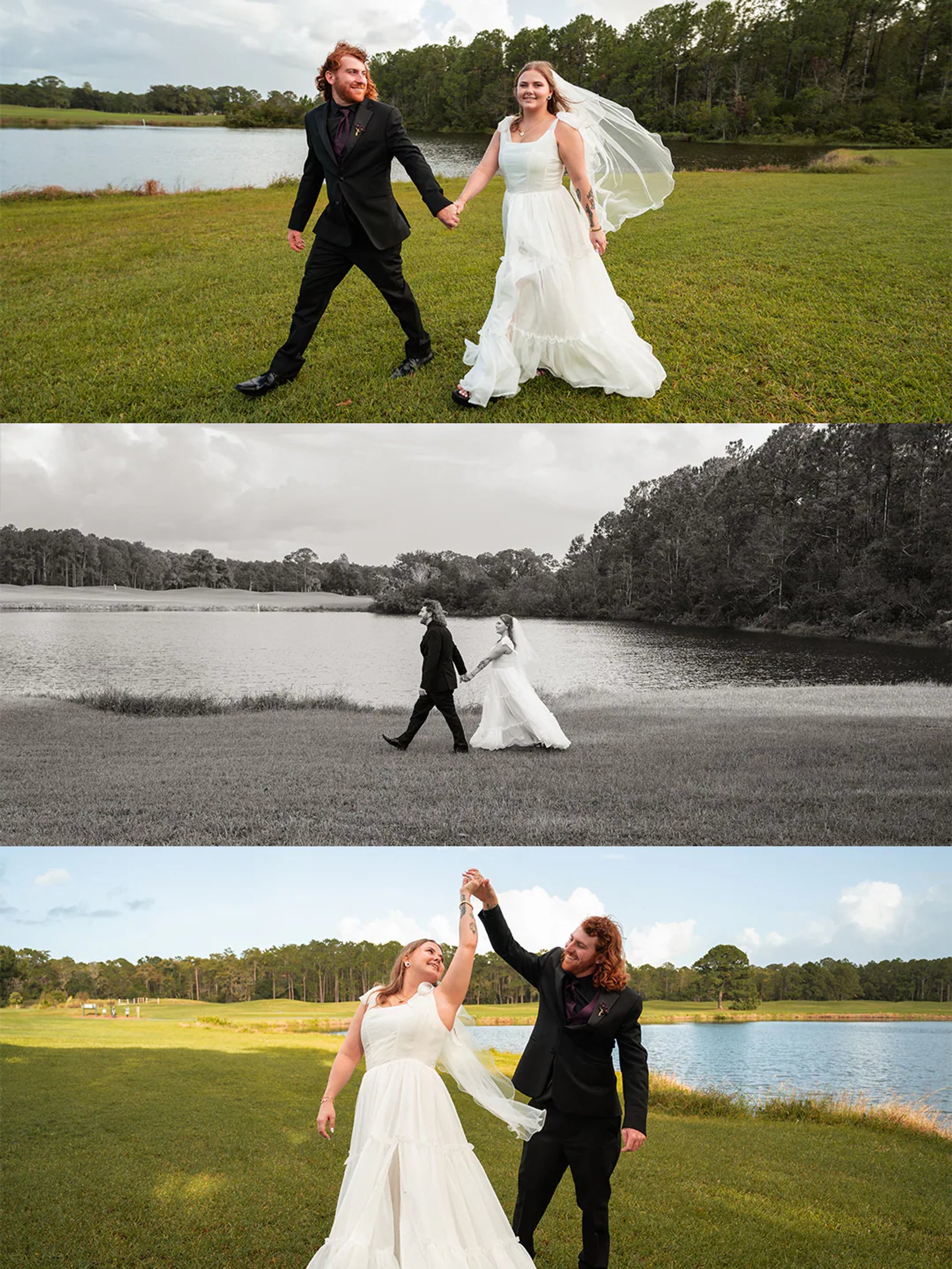 Three-photo collage of newlyweds walking and playfully posing beside a pond.