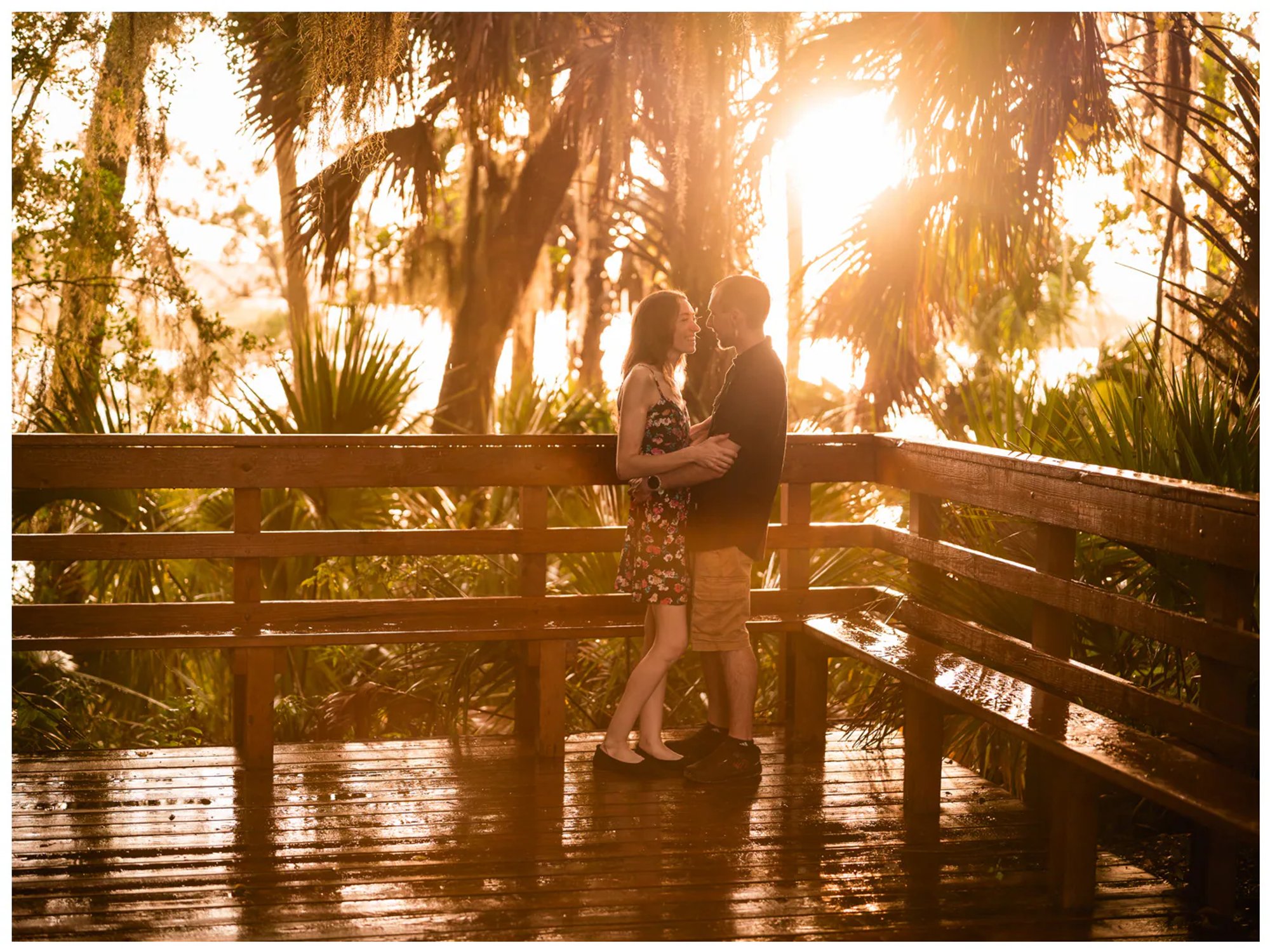 Wide portrait of a couple embracing on a wooden bridge beneath sunlit trees at Washington Oaks.