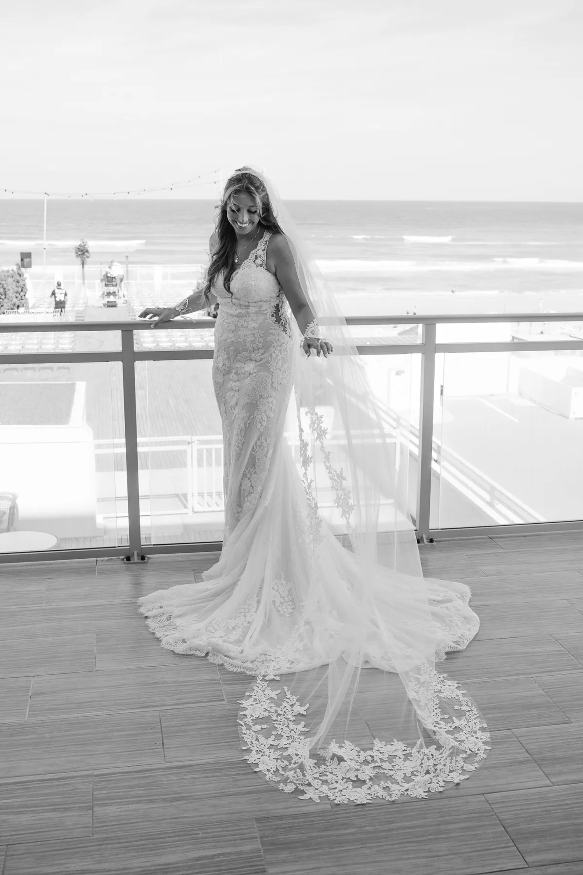 Black and white bridal portrait overlooking Daytona Beach from Hard Rock Hotel.