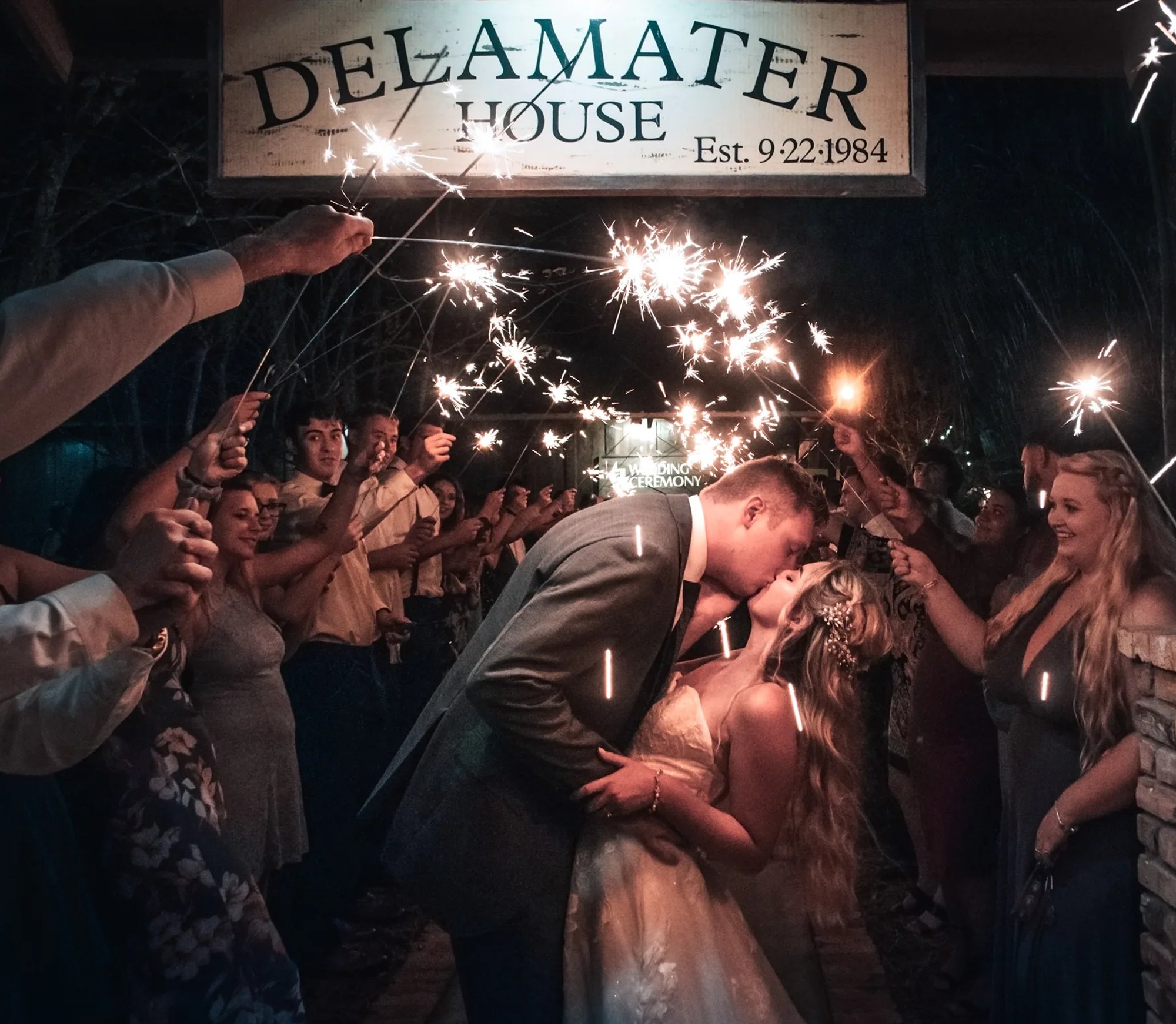 Bride and groom sparkler exit at Delamater House wedding venue in New Smyrna Beach FL, captured by Daytona Beach wedding photographer