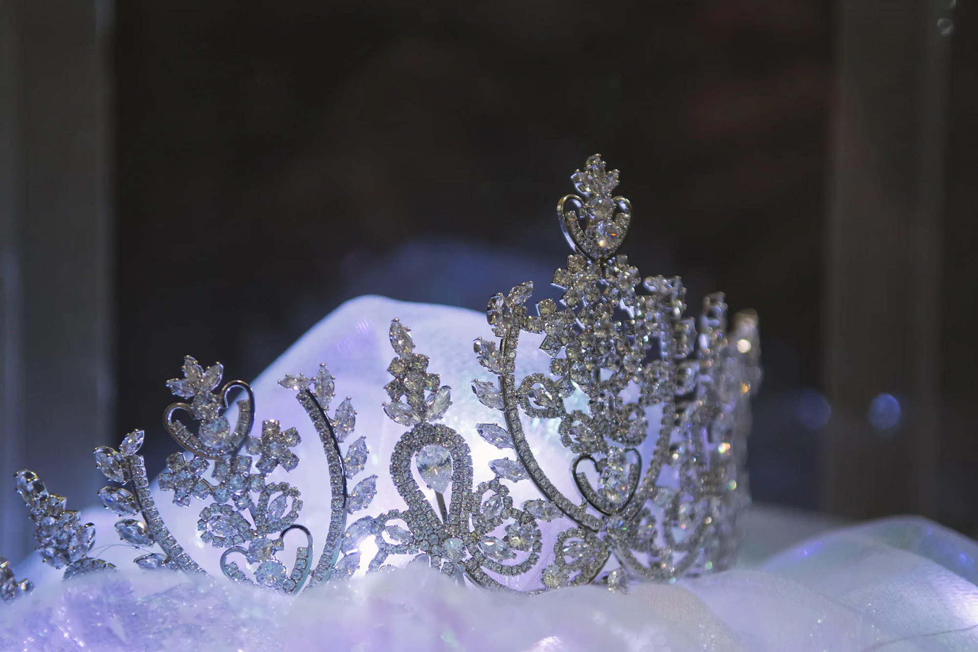 Ornate silver tiara resting on softly lit fabric.