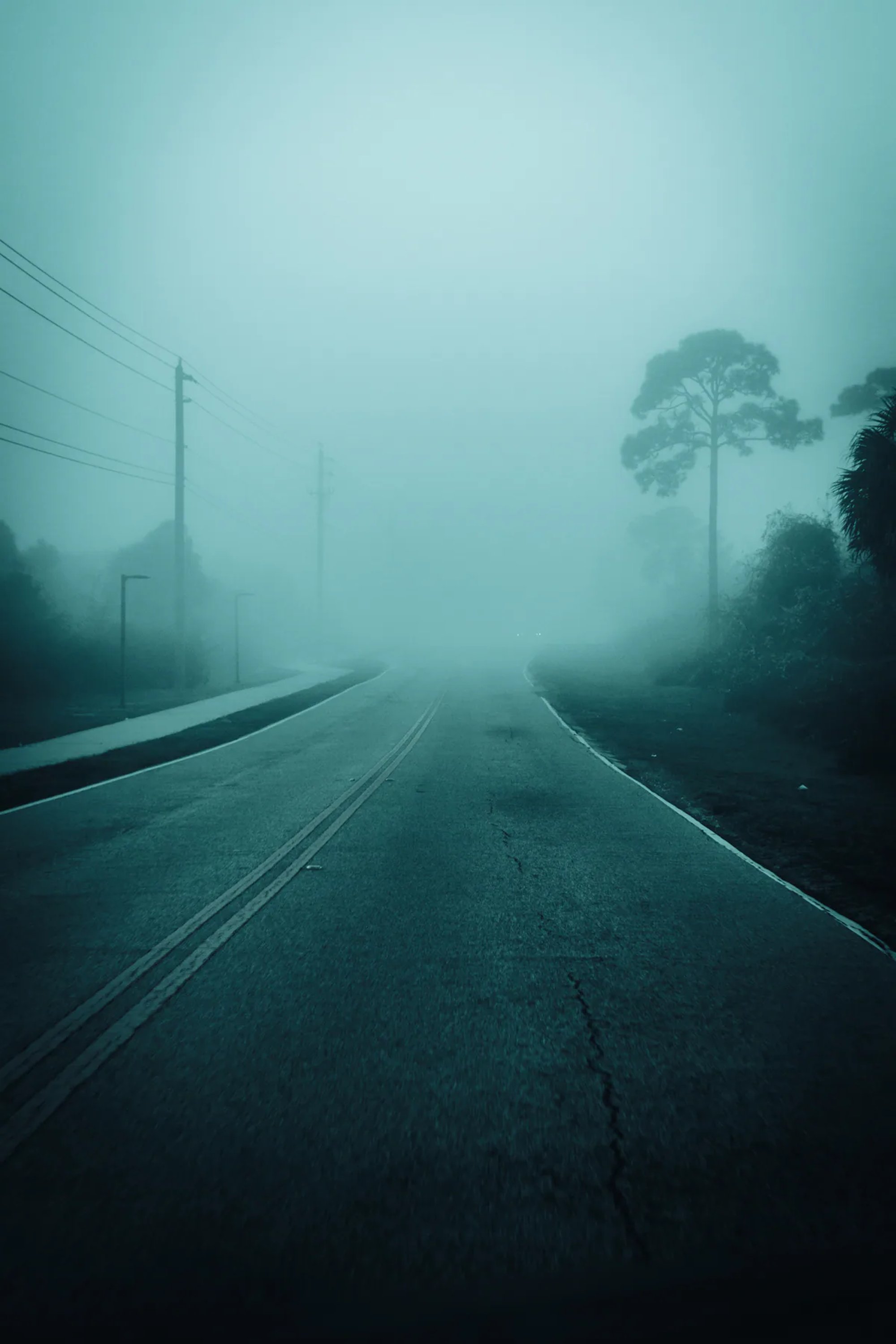 Two-lane road fading into blue fog with power poles in the distance.