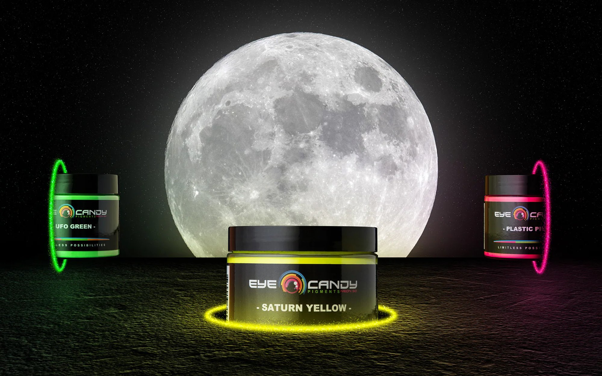 Three Eye Candy Pigments jars ringed with neon light beneath a full moon.
