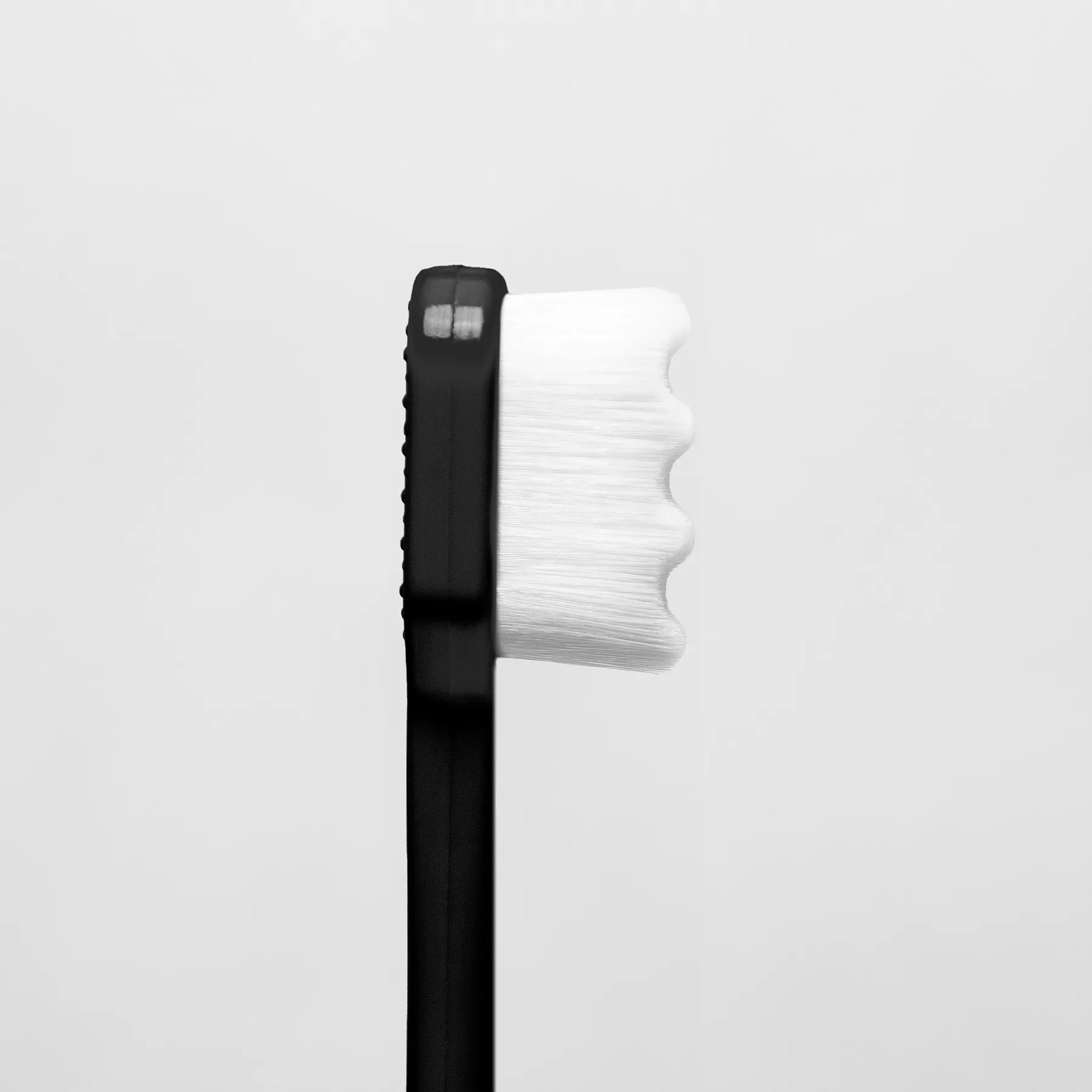 Close view of a black toothbrush head against a white background.