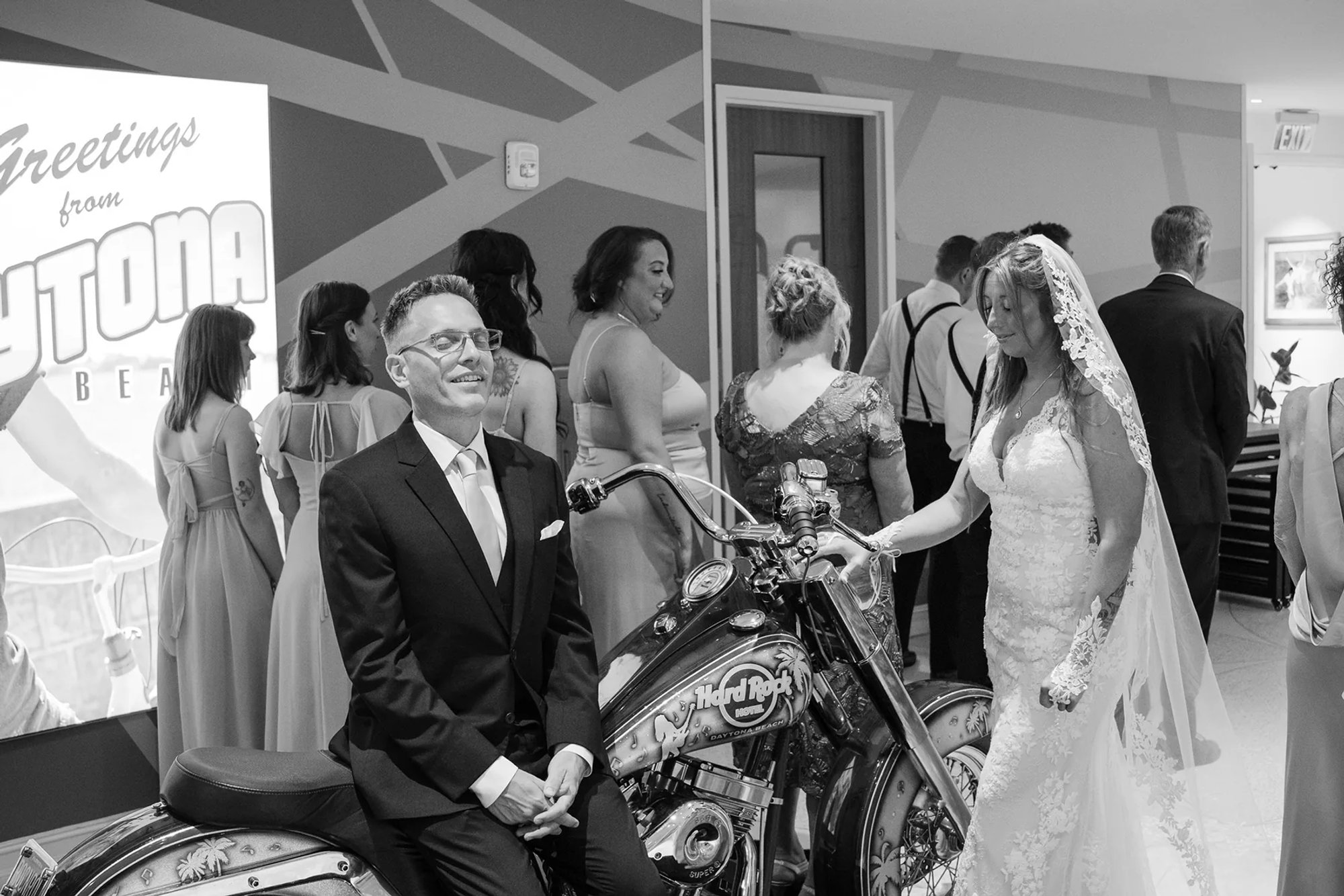 Black and white wedding ceremony entrance at Hard Rock Hotel in Daytona Beach, Florida.