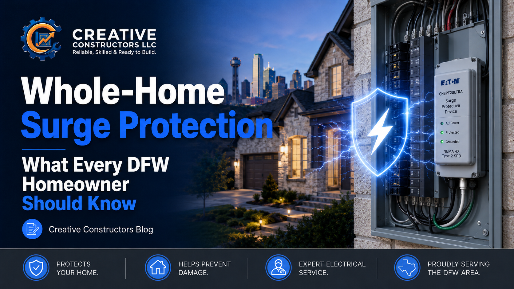 Creative Constructors featured blog image showing a whole-home surge protector installed beside an electrical panel, a Dallas skyline in the background, and headline text about what DFW homeowners should know about whole-home surge protection.