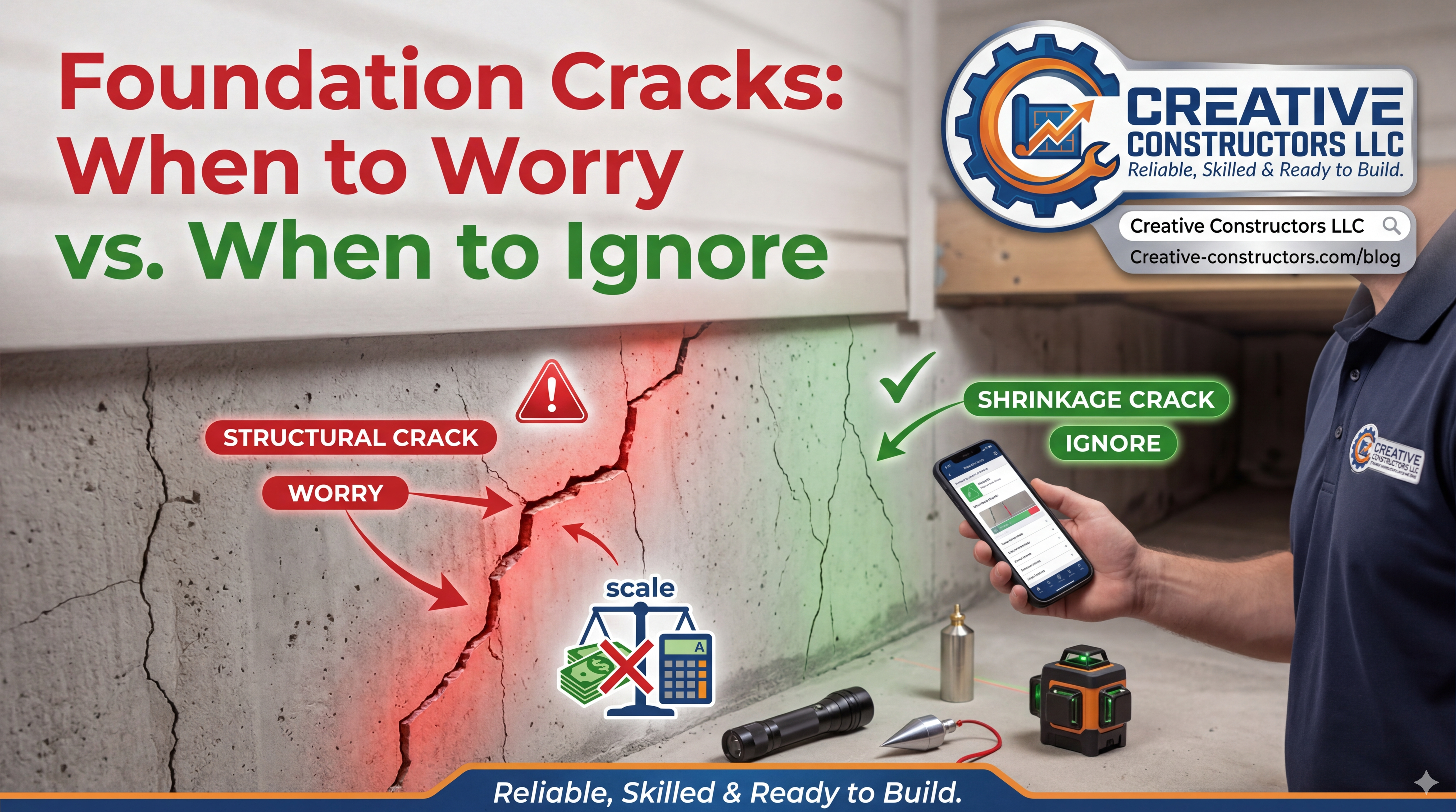 Image showing foundation cracks. Normal cracks vs when to worry cracks.
