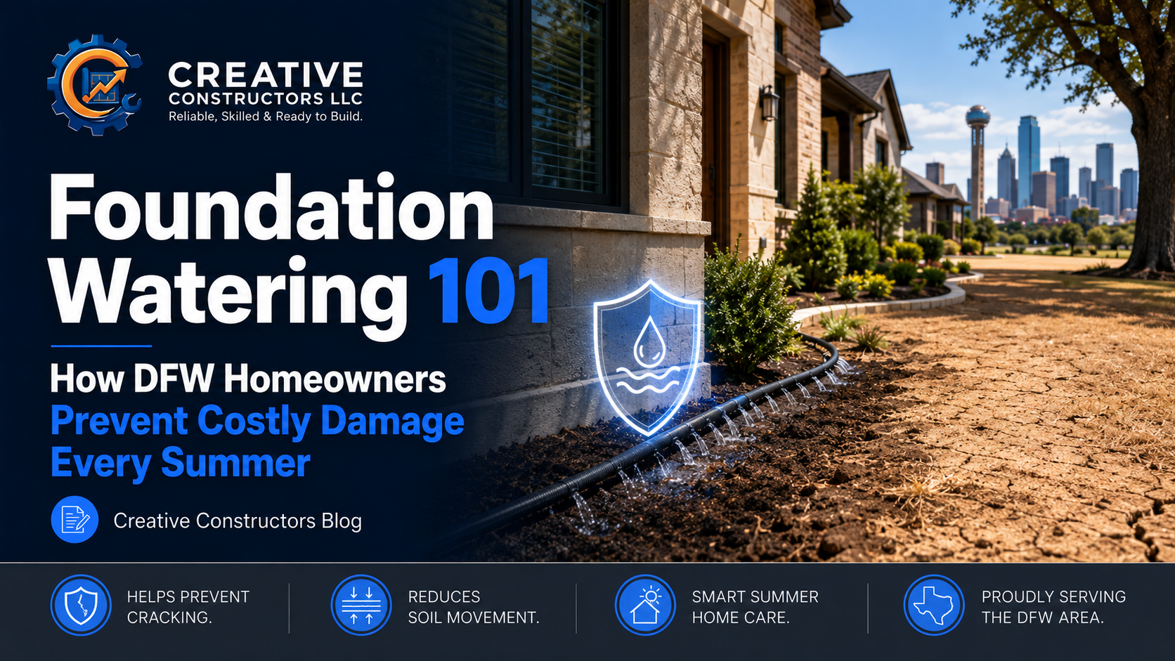Creative Constructors featured blog image showing a DFW-area home foundation with a soaker hose watering along the perimeter, dry summer soil, Dallas skyline in the background, and headline text about foundation watering for homeowners.