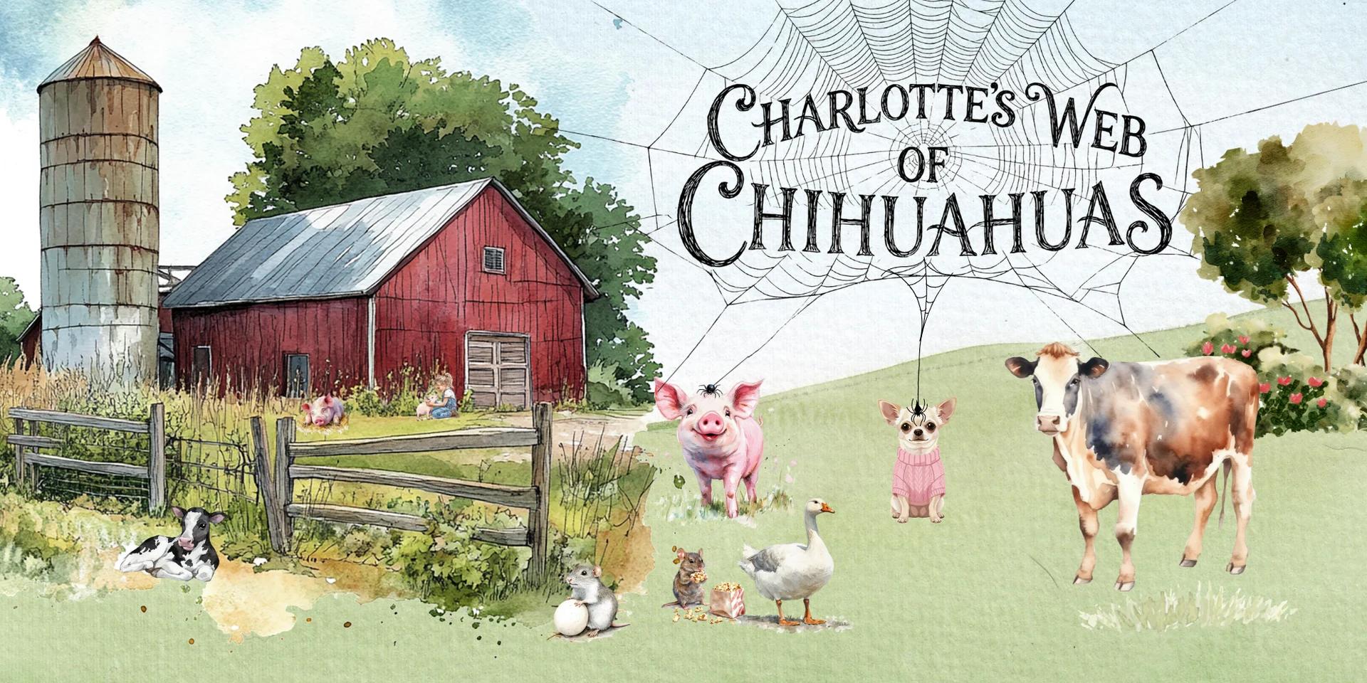 Charlotte's Web of Chihuahuas — a watercolor barn scene with a chihuahua, pig, cow and goose