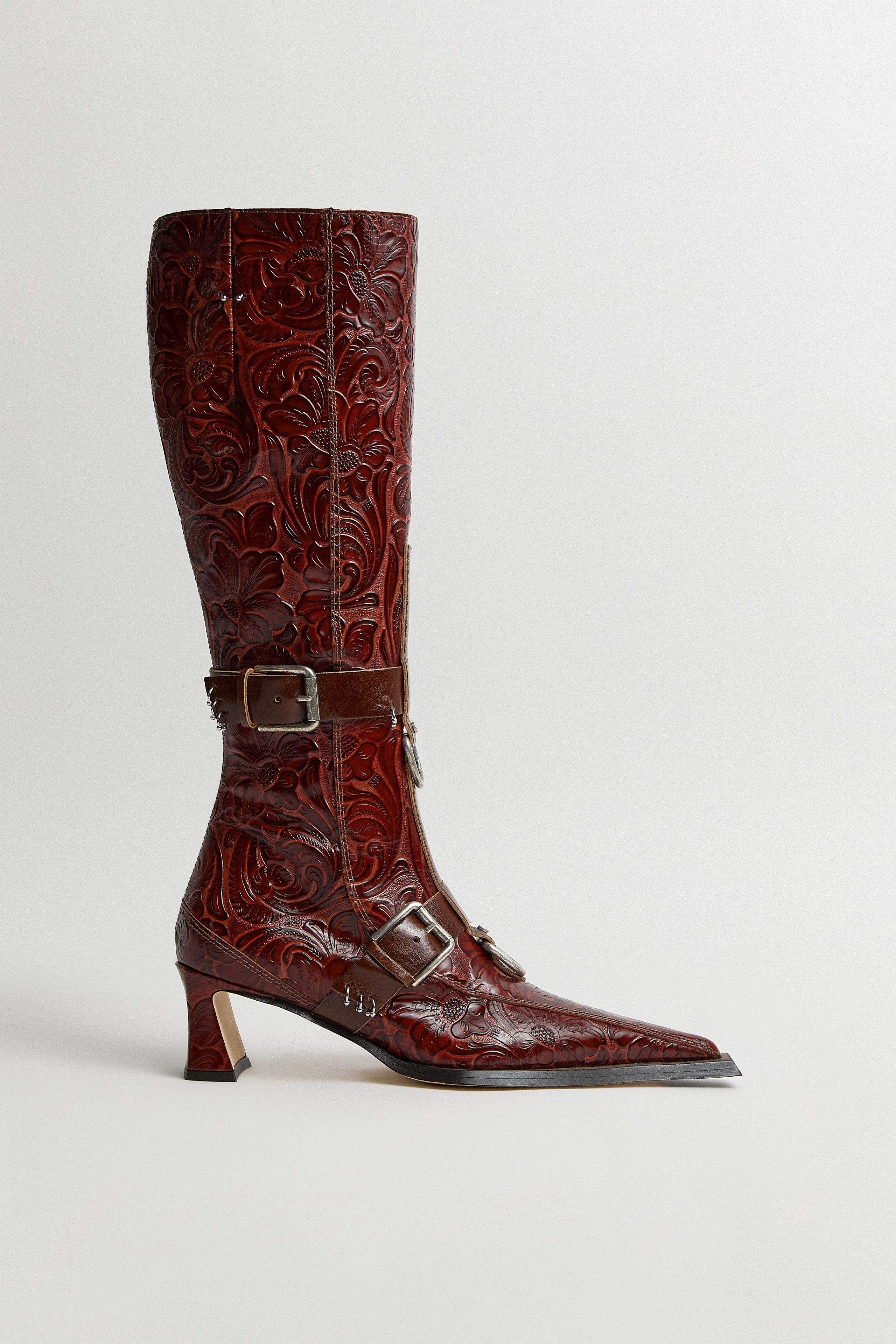 Eliya Brick Embossed Buckled Tall Boots | Miista | Designed & Handmade in Europe