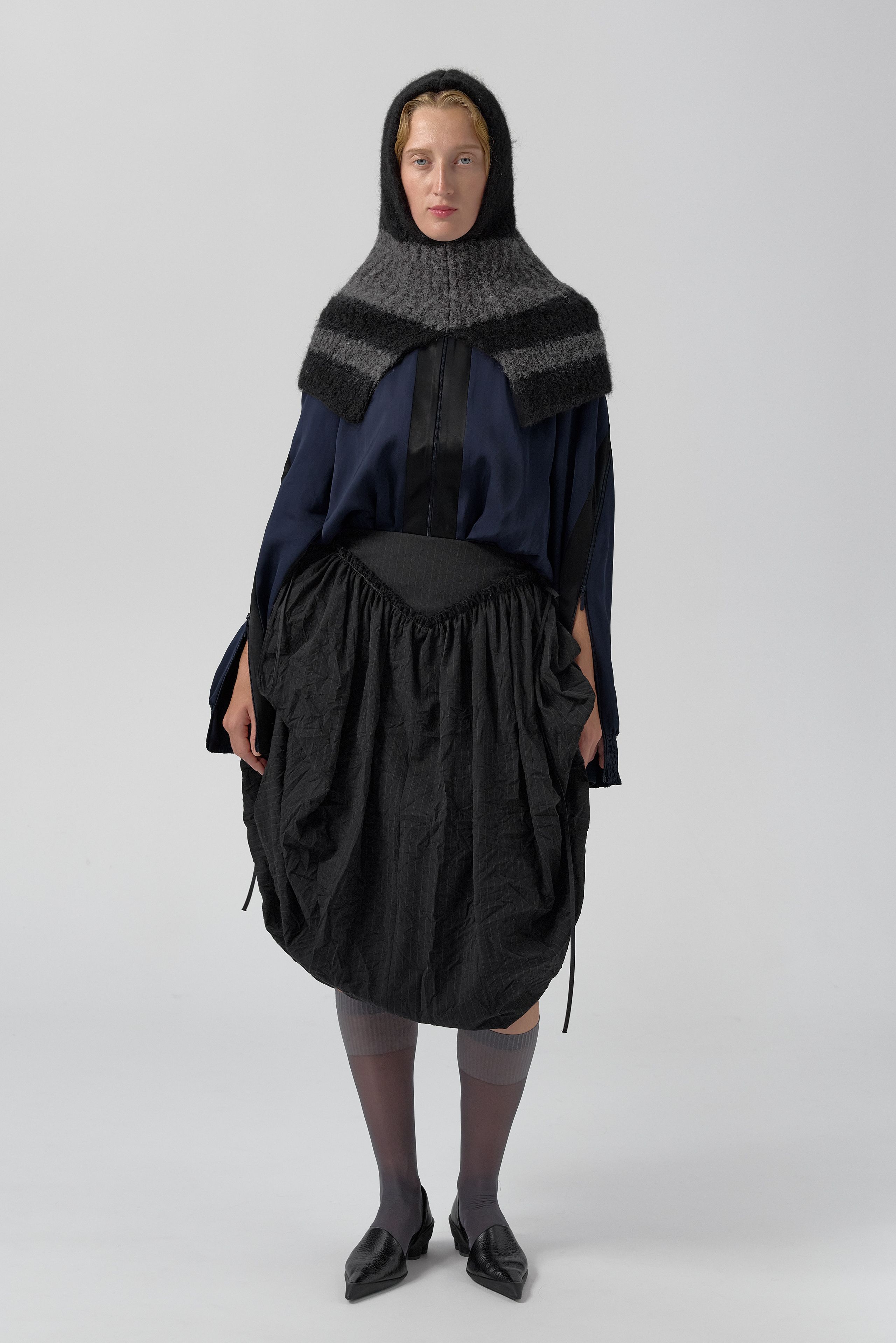 Bronte Black And Grey Crush Pinstripe Puff Skirt | Miista | Designed & Handmade in Europe