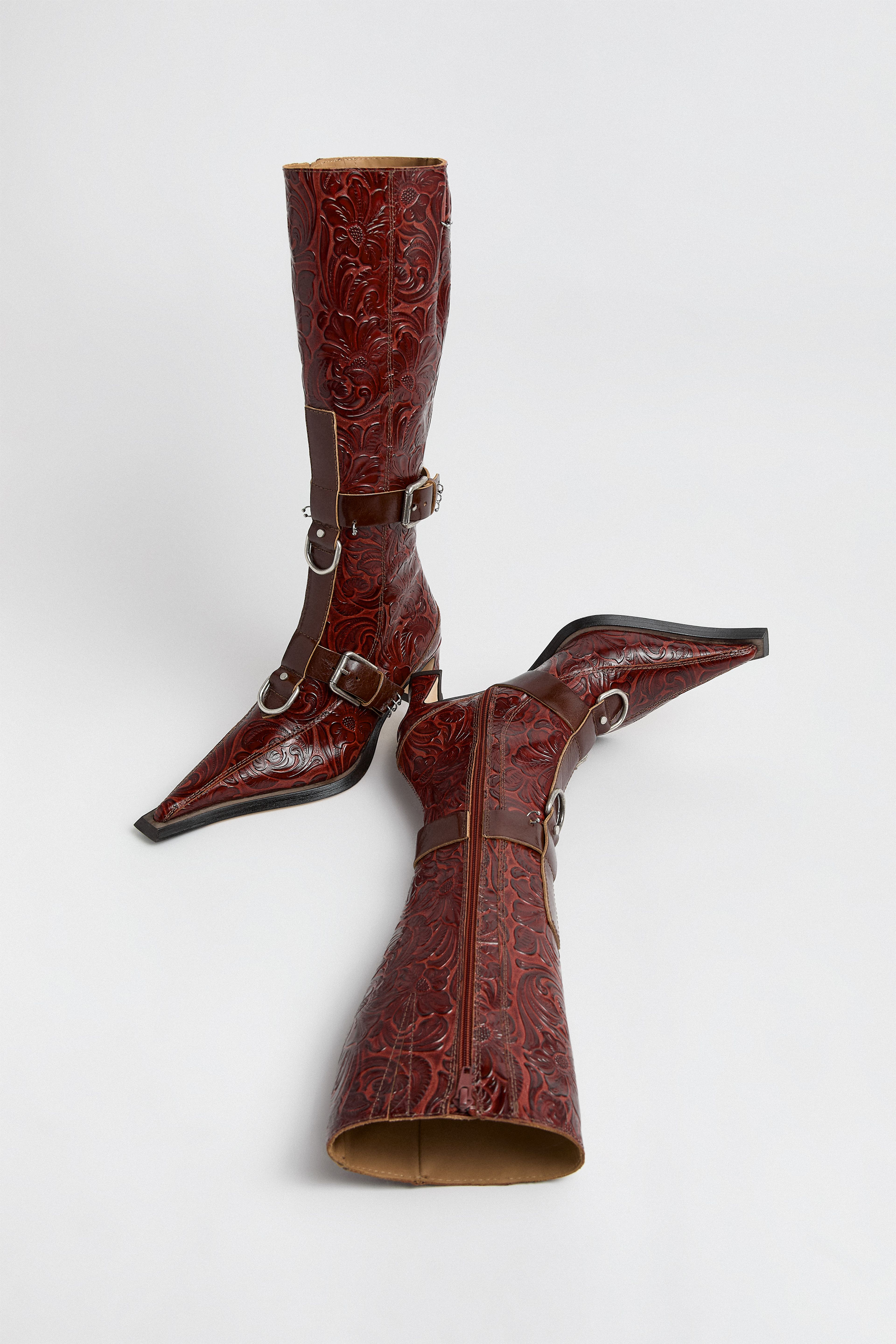 Eliya Brick Embossed Buckled Tall Boots | Miista | Designed & Handmade in Europe