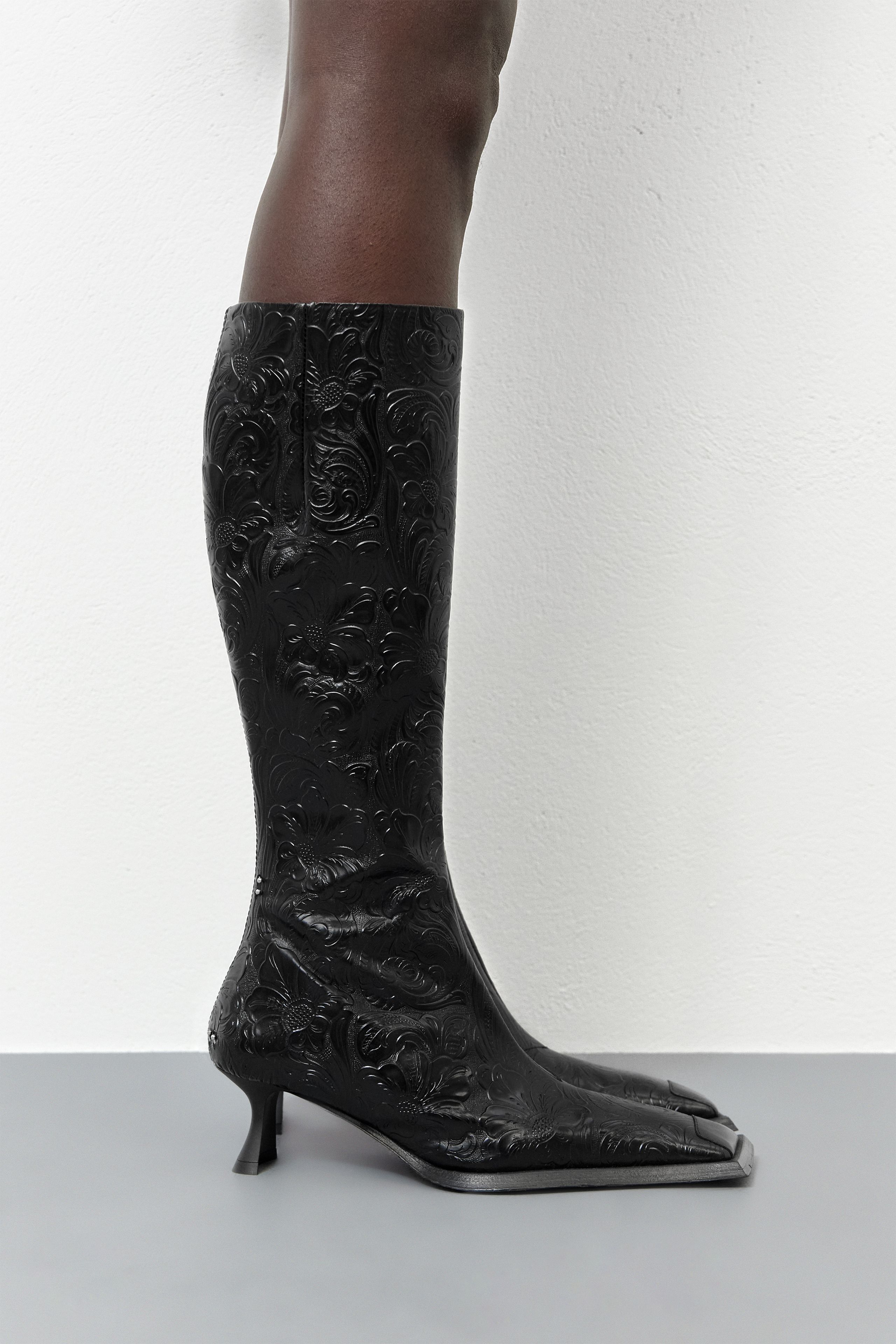 Alfreda Boots - Black Embossed Print Leather | Miista