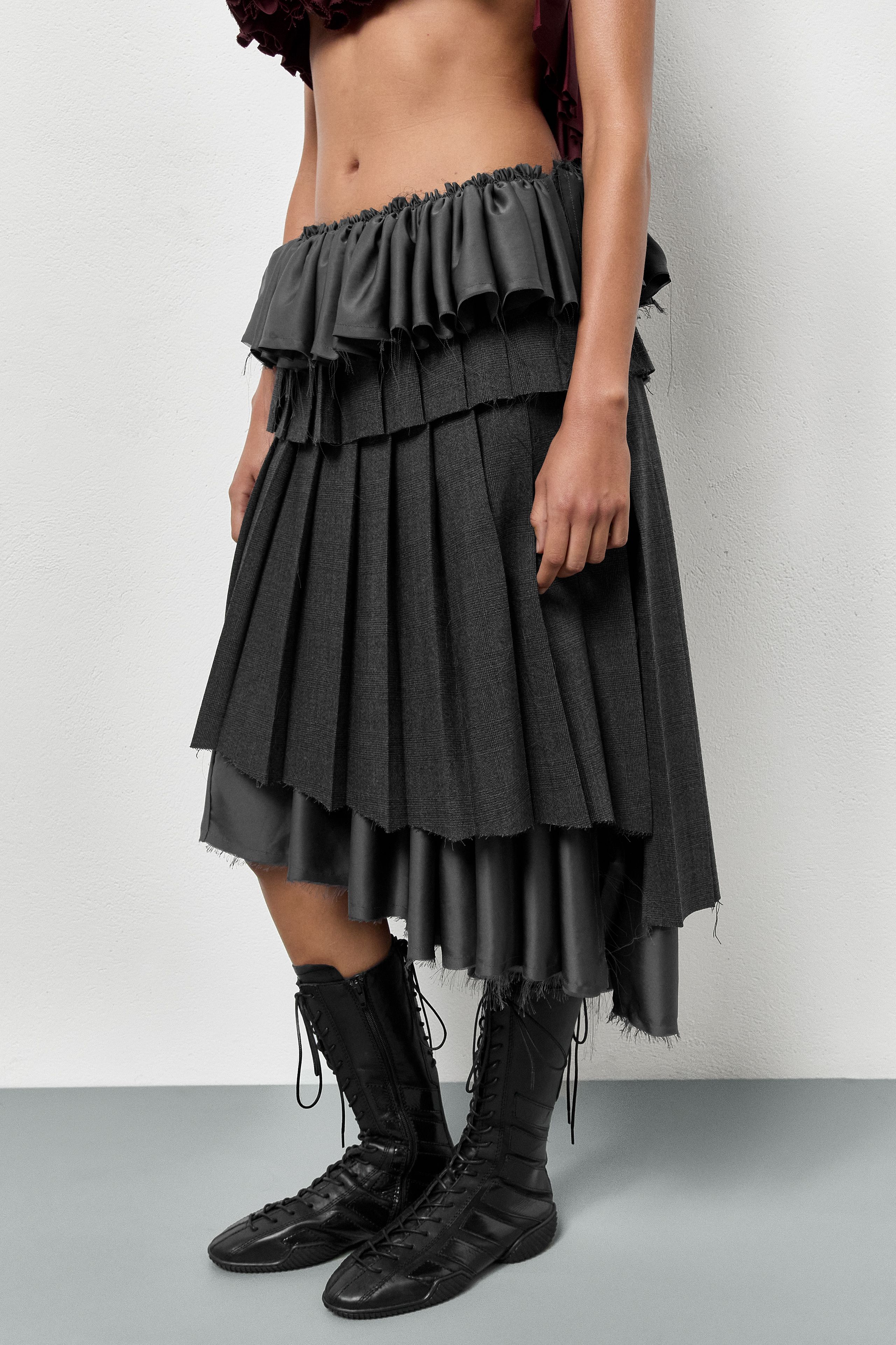 Magde Grey Asymmetrical Ruffle Checkered Skirt | Miista | Designed & Handmade in Europe