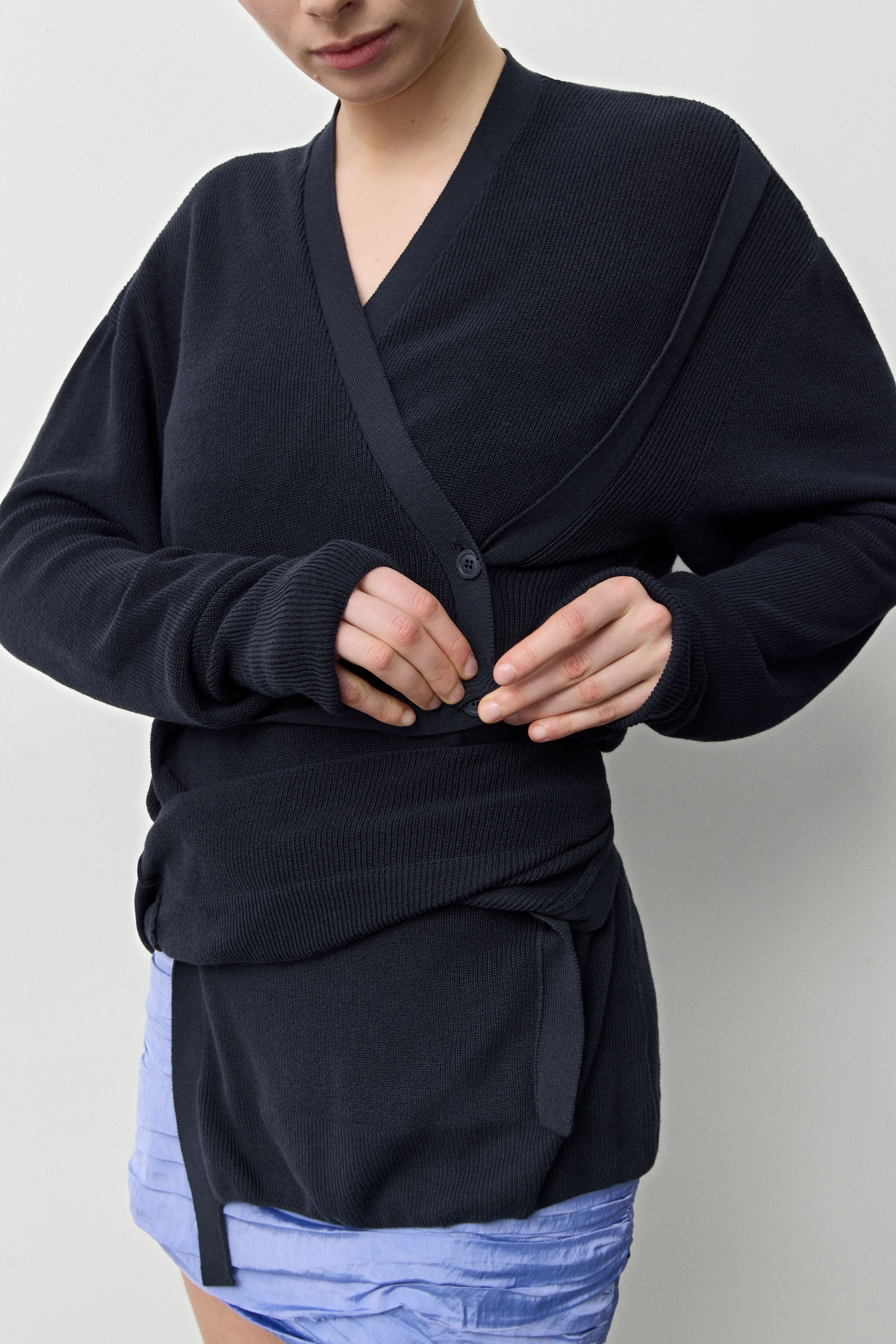 Sibileh Asymmetric Navy Knit Cardigan | Miista | Designed & Handmade in Europe